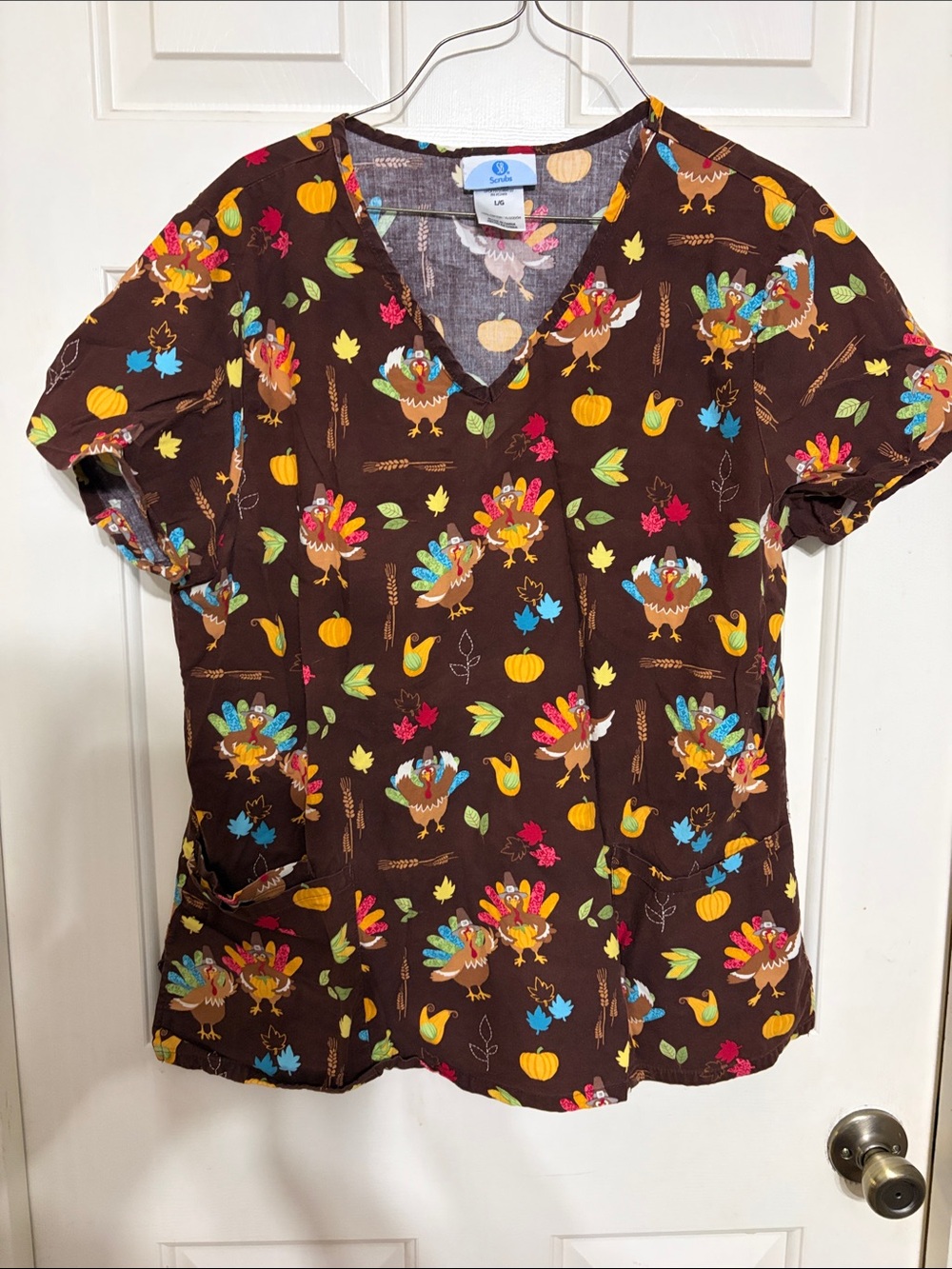 SB Scrubs Brown V-Neck Scrub Top with Colorful Turkey & Pumpkin Print